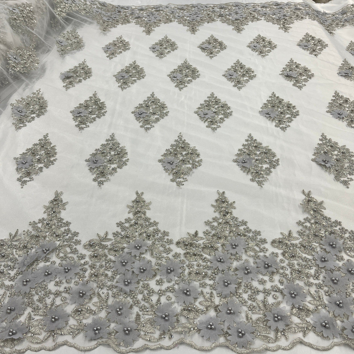 Beaded 3D Floral Lace Polyester Fabric - Off White, Gold, Silver, Lt. Blue, 52" Wide (1 Yard)