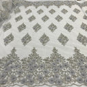 Beaded 3D Floral Lace Polyester Fabric - Off White, Gold, Silver, Lt. Blue, 52" Wide (1 Yard)