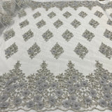 Beaded 3D Floral Lace Polyester Fabric - Off White, Gold, Silver, Lt. Blue, 52" Wide (1 Yard)