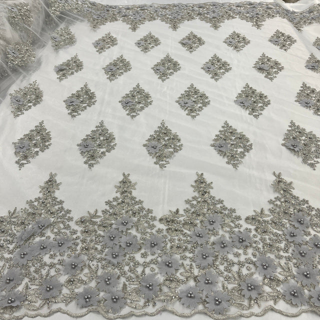 Beaded 3D Floral Lace Polyester Fabric - Off White, Gold, Silver, Lt. Blue, 52" Wide (1 Yard)