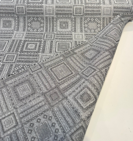 Sunbrella Garza Gray Fog Acrylic Fabric - Gray, Black Geometric Pattern, 56" Width (1 Yard)