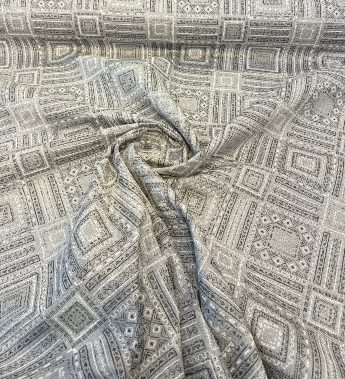 Sunbrella Garza Gray Fog Acrylic Fabric - Gray, Black Geometric Pattern, 56" Width (1 Yard)