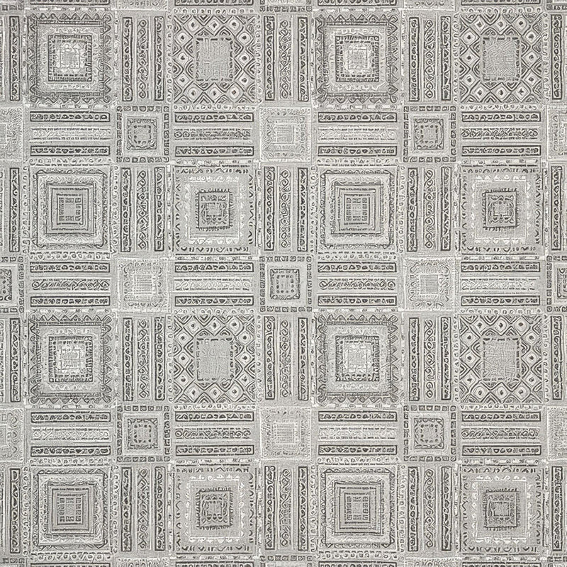 Sunbrella Garza Gray Fog Acrylic Fabric - Gray, Black Geometric Pattern, 56" Width (1 Yard)