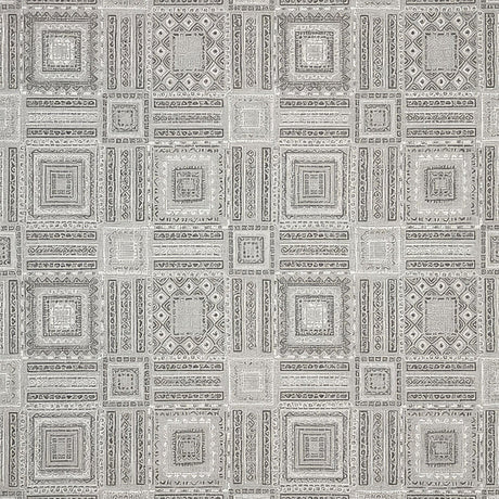 Sunbrella Garza Gray Fog Acrylic Fabric - Gray, Black Geometric Pattern, 56" Width (1 Yard)