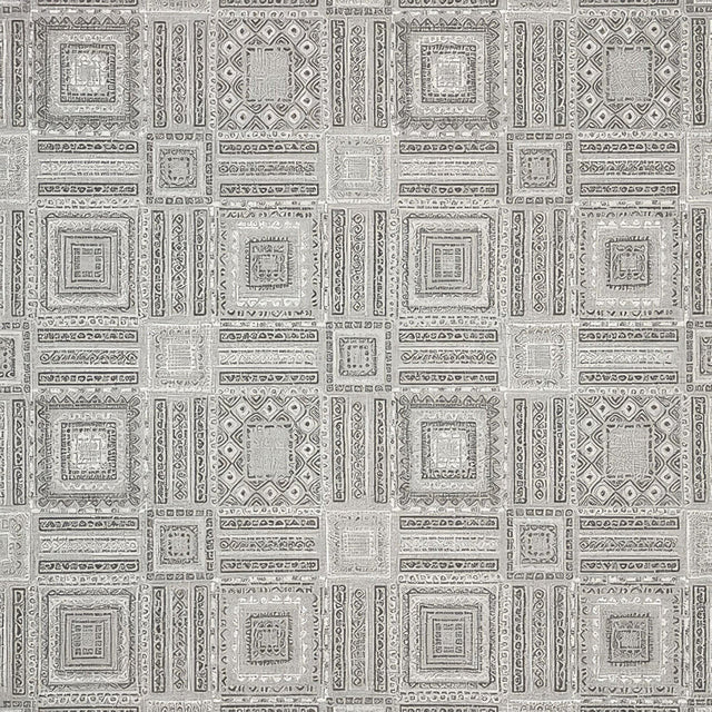 Sunbrella Garza Gray Fog Acrylic Fabric - Gray, Black Geometric Pattern, 56" Width (1 Yard)