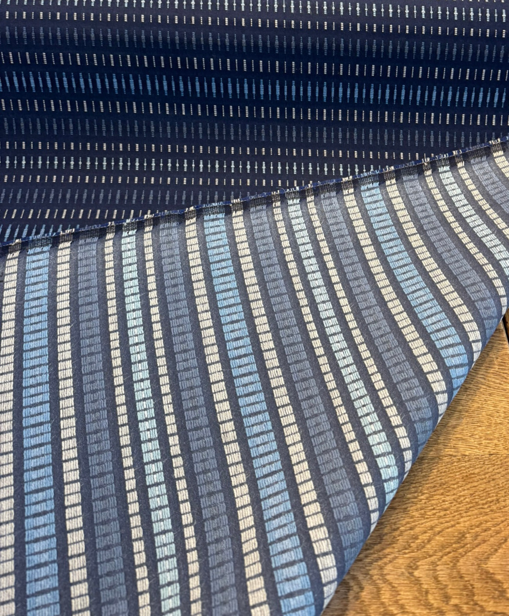Sunbrella Esti Indigo Blue Acrylic Fabric - Vertical Stripe, Indigo Blue/Navy/Light Blue, 54" Width (1 Yard)
