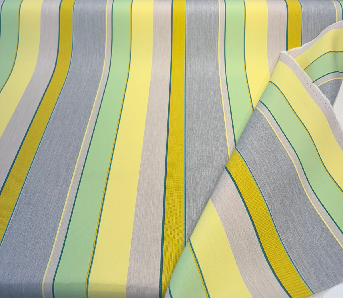 Sunbrella Expand Acrylic Fabric - Citronelle Gray Yellow Green Vertical Stripes, 54" Width (By The Yard)