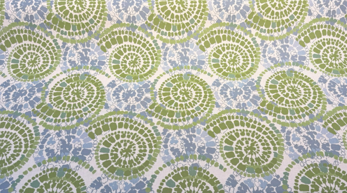 Sunbrella Conch Seaweed Solution-Dyed Acrylic Fabric - Green Blue Tie-Dye Shell Print, 56" Width (1 Yard)