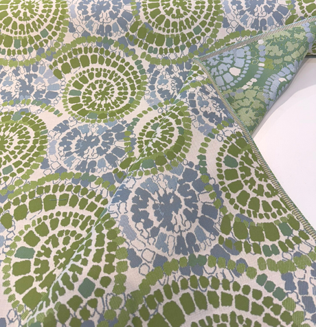 Sunbrella Conch Seaweed Solution-Dyed Acrylic Fabric - Green Blue Tie-Dye Shell Print, 56" Width (1 Yard)