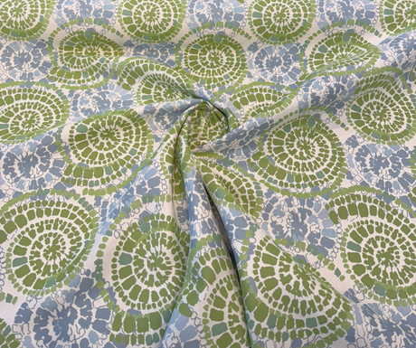 Sunbrella Conch Seaweed Solution-Dyed Acrylic Fabric - Green Blue Tie-Dye Shell Print, 56" Width (1 Yard)