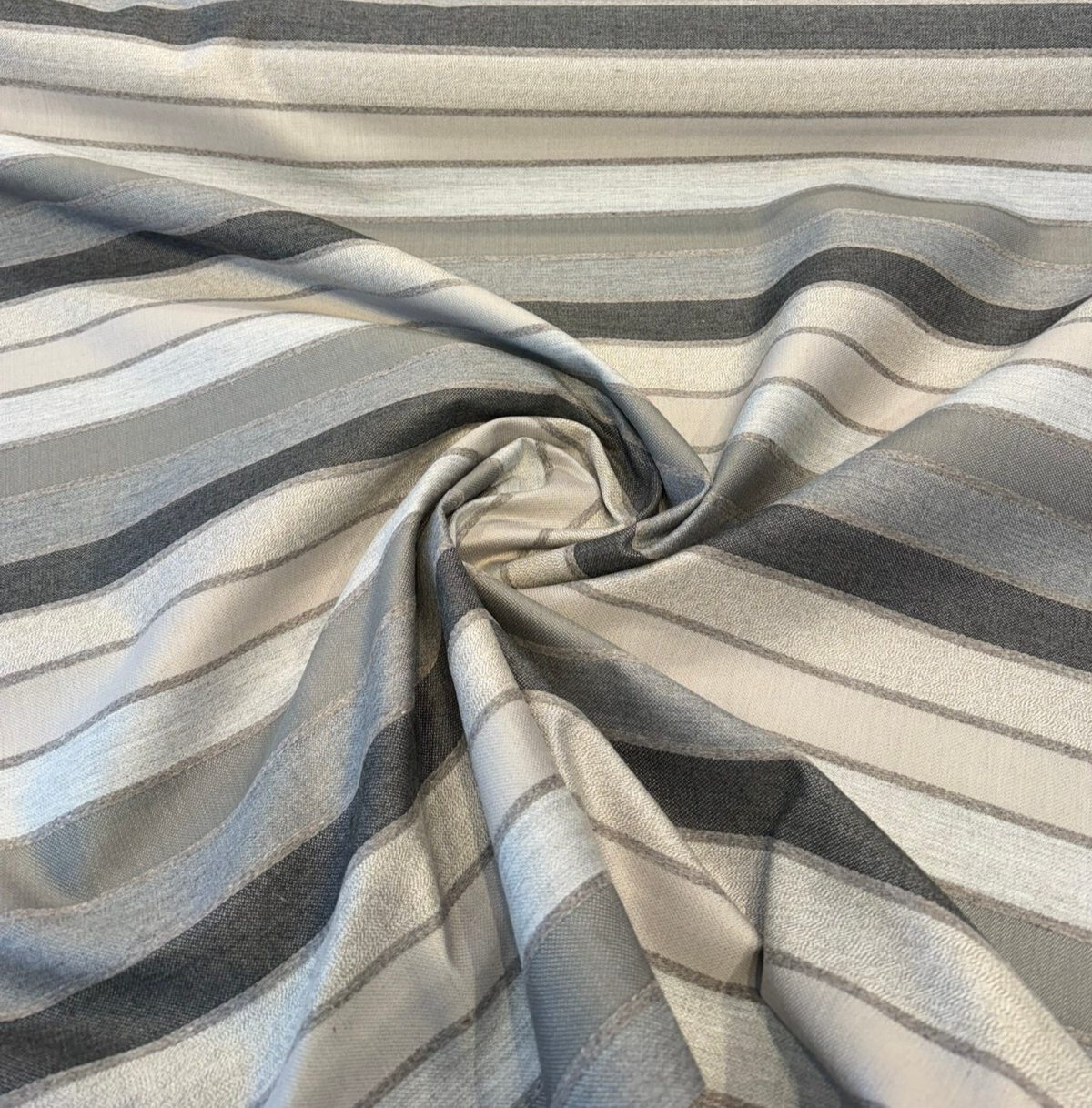 Sunbrella Lucy Stripe Acrylic Fabric - Asphalt Gray, Taupe, Pebble, Charcoal Horizontal Stripe, 54" Width (1 Yard)