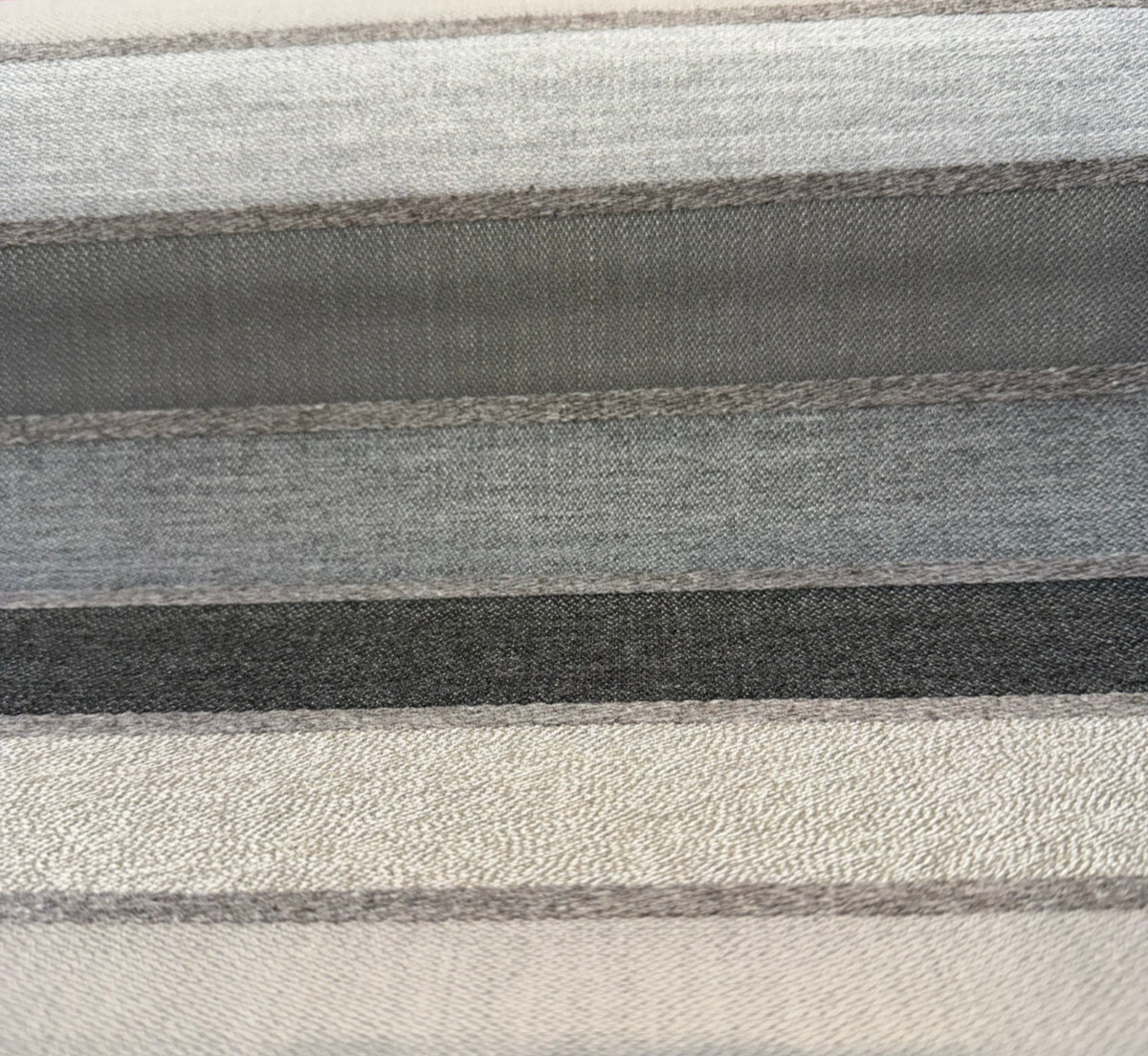 Sunbrella Lucy Stripe Acrylic Fabric - Asphalt Gray, Taupe, Pebble, Charcoal Horizontal Stripe, 54" Width (1 Yard)