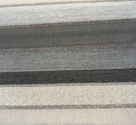 Sunbrella Lucy Stripe Acrylic Fabric - Asphalt Gray, Taupe, Pebble, Charcoal Horizontal Stripe, 54" Width (1 Yard)