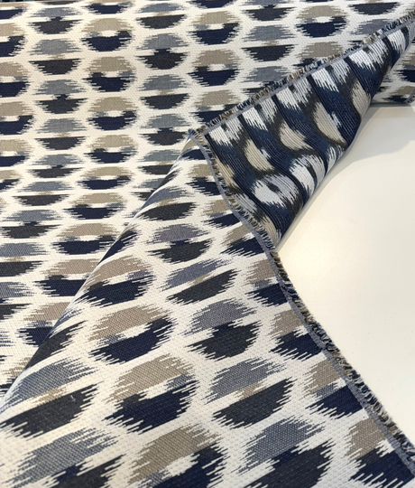 Escape Sapphire Sunbrella Acrylic Fabric - Navy, Sapphire Blue, Steel Gray, Ivory Abstract Ikat, 54" Width (By The Yard)