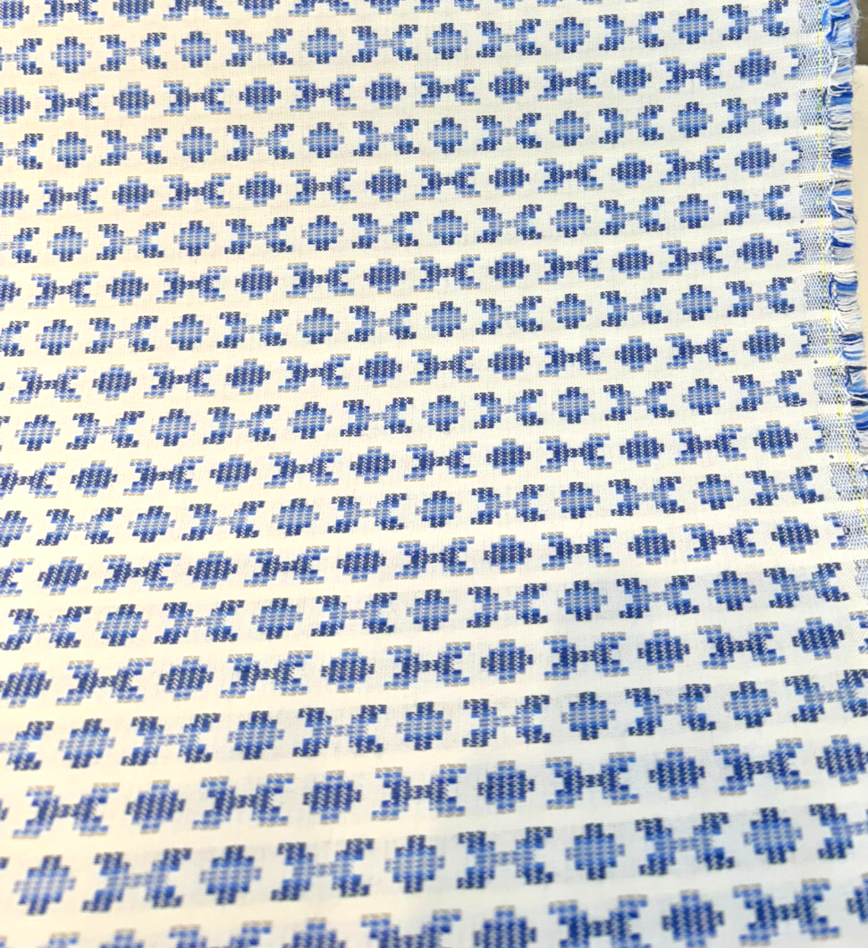 Sunbrella Clockwork Sky Blue Acrylic Fabric - Sky Blue, Off White Geometric, 54" Width (1 Yard)