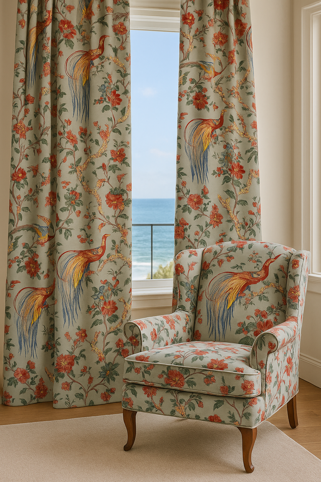 Olana Shadow Birds Cotton Fabric - Birds & Floral Print, Soft Gray Background, 54" Width, 32" Vertical X 27" Horizontal Repeat (1 Yard)