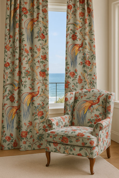 Olana Shadow Birds Cotton Fabric - Birds & Floral Print, Soft Gray Background, 54" Width, 32" Vertical X 27" Horizontal Repeat (1 Yard)