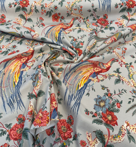 Olana Shadow Birds Cotton Fabric - Birds & Floral Print, Soft Gray Background, 54" Width, 32" Vertical X 27" Horizontal Repeat (1 Yard)