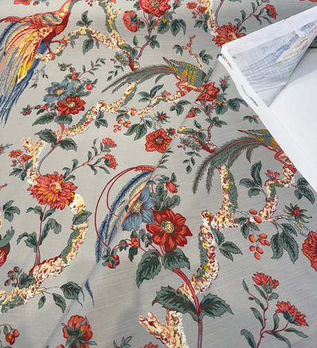 Olana Shadow Birds Cotton Fabric - Birds & Floral Print, Soft Gray Background, 54" Width, 32" Vertical X 27" Horizontal Repeat (1 Yard)
