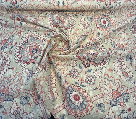 Waverly Castleford Parchment Cotton Fabric - Damask Floral Medallion, Parchment Beige/Dusty Rose/Navy/Taupe, 55" Width (1 Yard)