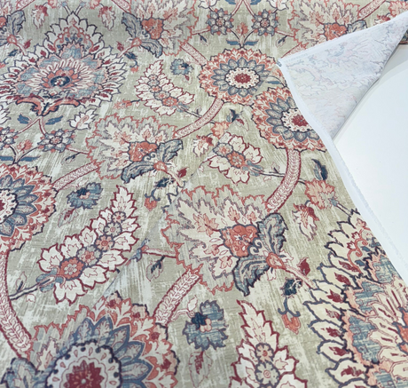 Waverly Castleford Parchment Cotton Fabric - Damask Floral Medallion, Parchment Beige/Dusty Rose/Navy/Taupe, 55" Width (1 Yard)