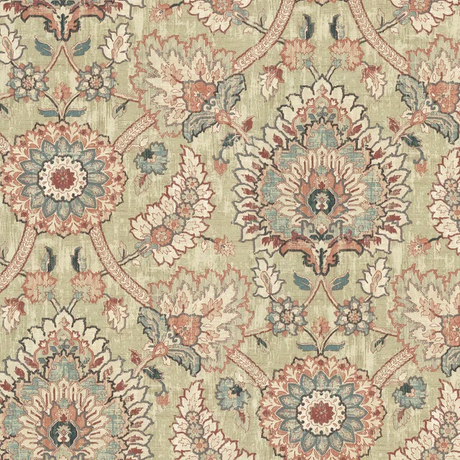 Waverly Castleford Parchment Cotton Fabric - Damask Floral Medallion, Parchment Beige/Dusty Rose/Navy/Taupe, 55" Width (1 Yard)