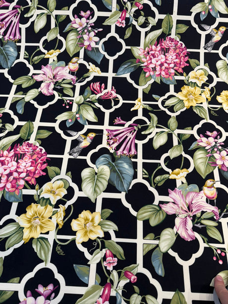 Waverly Treillage Floral Black Noir 100% Cotton Fabric - Black Floral Trellis, 54" Width (1 Yard)