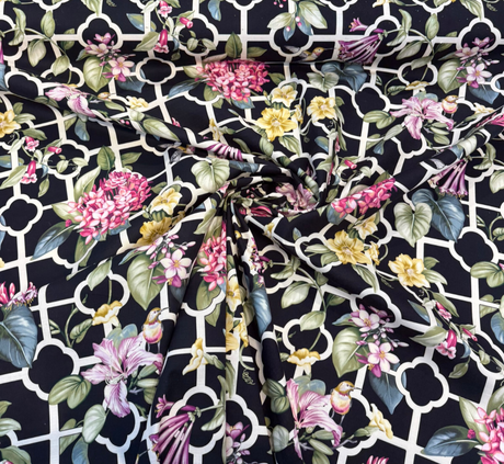 Waverly Treillage Floral Black Noir 100% Cotton Fabric - Black Floral Trellis, 54" Width (1 Yard)
