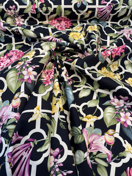Waverly Treillage Floral Black Noir 100% Cotton Fabric - Black Floral Trellis, 54" Width (1 Yard)