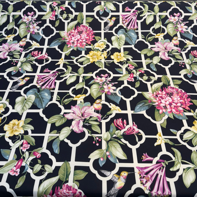 Waverly Treillage Floral Black Noir 100% Cotton Fabric - Black Floral Trellis, 54" Width (1 Yard)