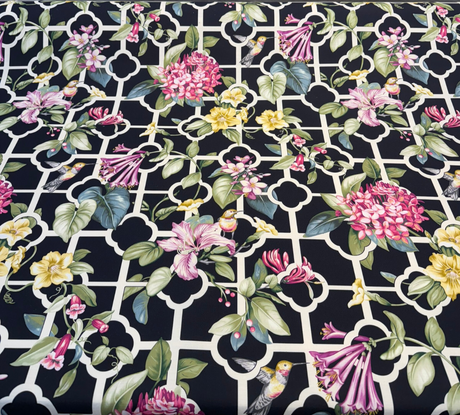 Waverly Treillage Floral Black Noir 100% Cotton Fabric - Black Floral Trellis, 54" Width (1 Yard)