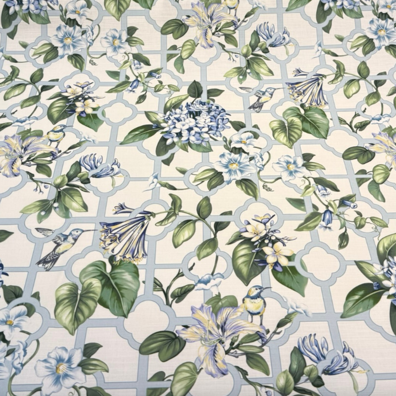 Waverly Treillage Floral Cotton Fabric - Serene Sky Blue Floral Lattice, 54" Width (By The Yard)