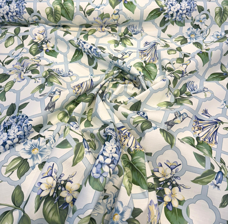 Waverly Treillage Floral Cotton Fabric - Serene Sky Blue Floral Lattice, 54" Width (By The Yard)