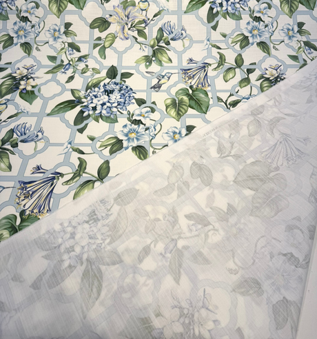 Waverly Treillage Floral Cotton Fabric - Serene Sky Blue Floral Lattice, 54" Width (By The Yard)
