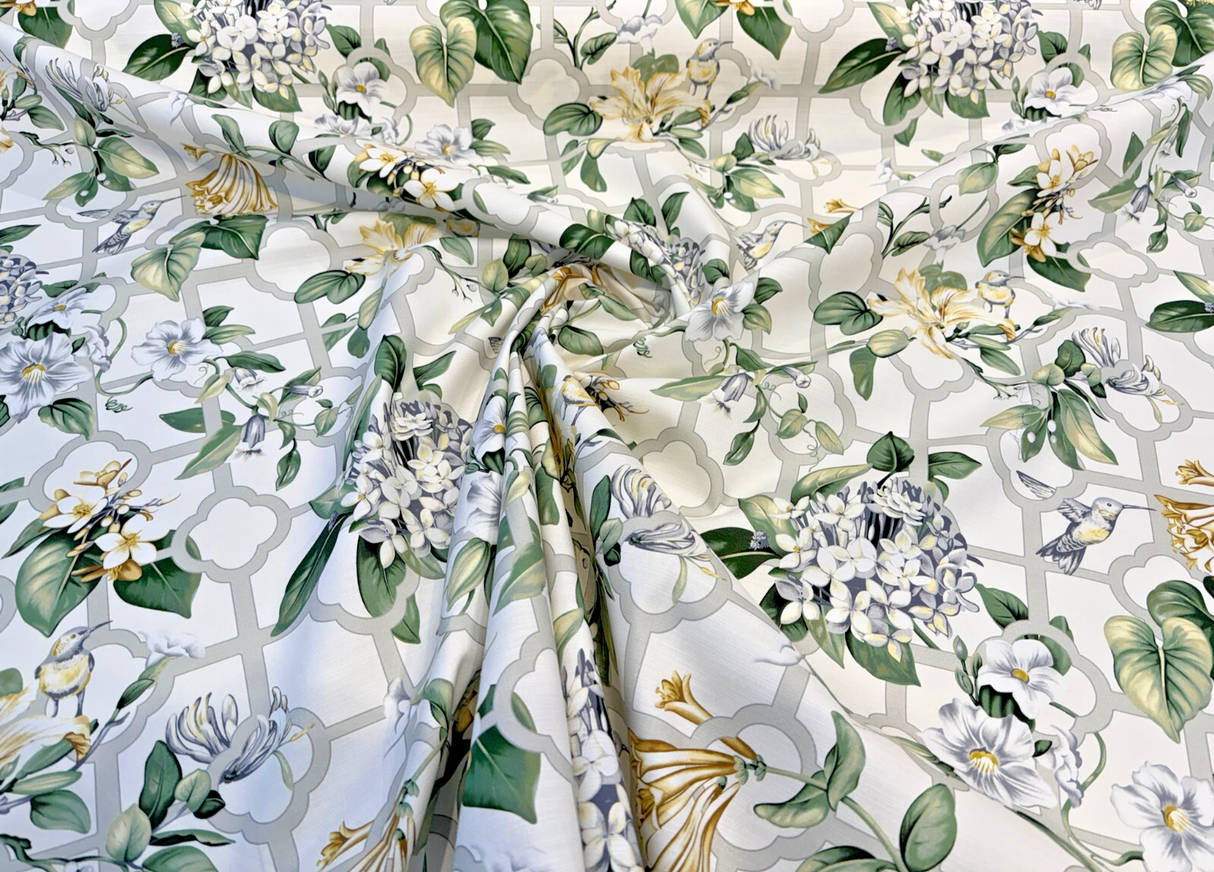 Waverly Treillage Floral Cotton Duck Fabric - Green Garden Floral Lattice, 54" Width (1 Yard)