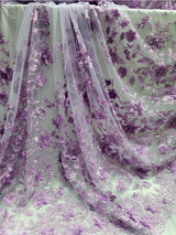 3D Floral Embroidered Mesh Lace Fabric Lavender