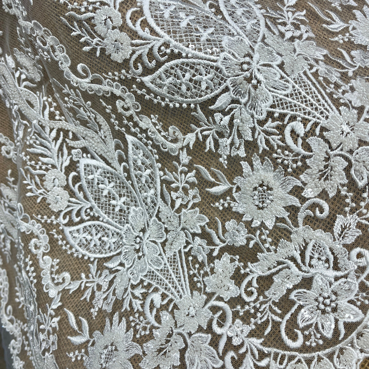 Beaded Lace Fabric Ivory Mesh