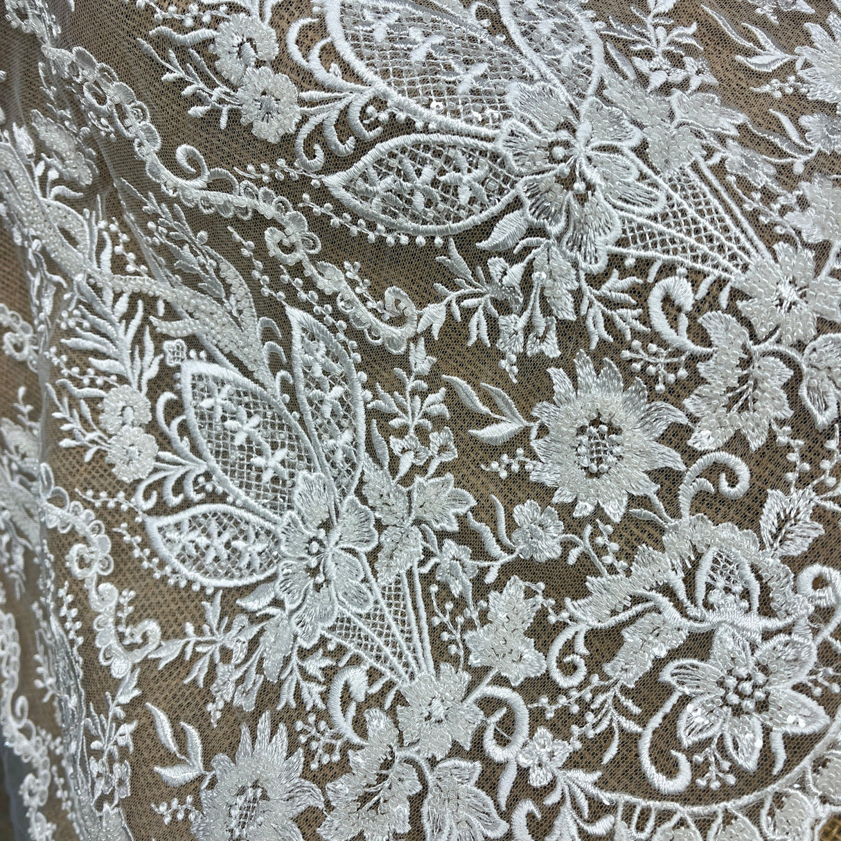 Beaded Lace Fabric Embroidered Net Mesh Ivory 51" Wide