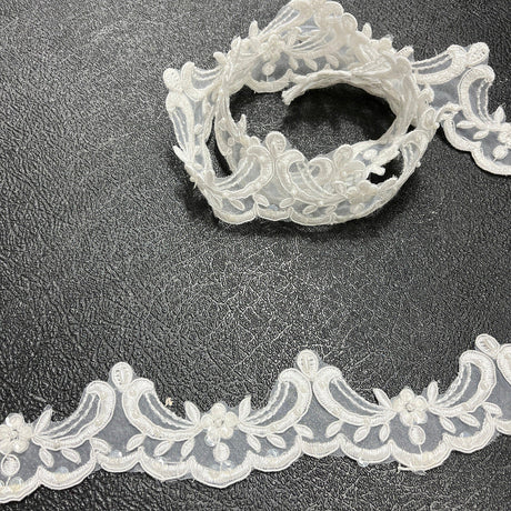 1 Yard Beaded & Corded Lace Trimming on 100% Polyester Organza, Elegant Embroidered Lace Fabric