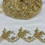Beaded & Corded Lace Trimming Embroidered On 100% Polyester Net Mesh - Beaded Corded Embroidered Lace Fabric, 3" Wide, Gold, Ivory, Silver, White (1 Yard)