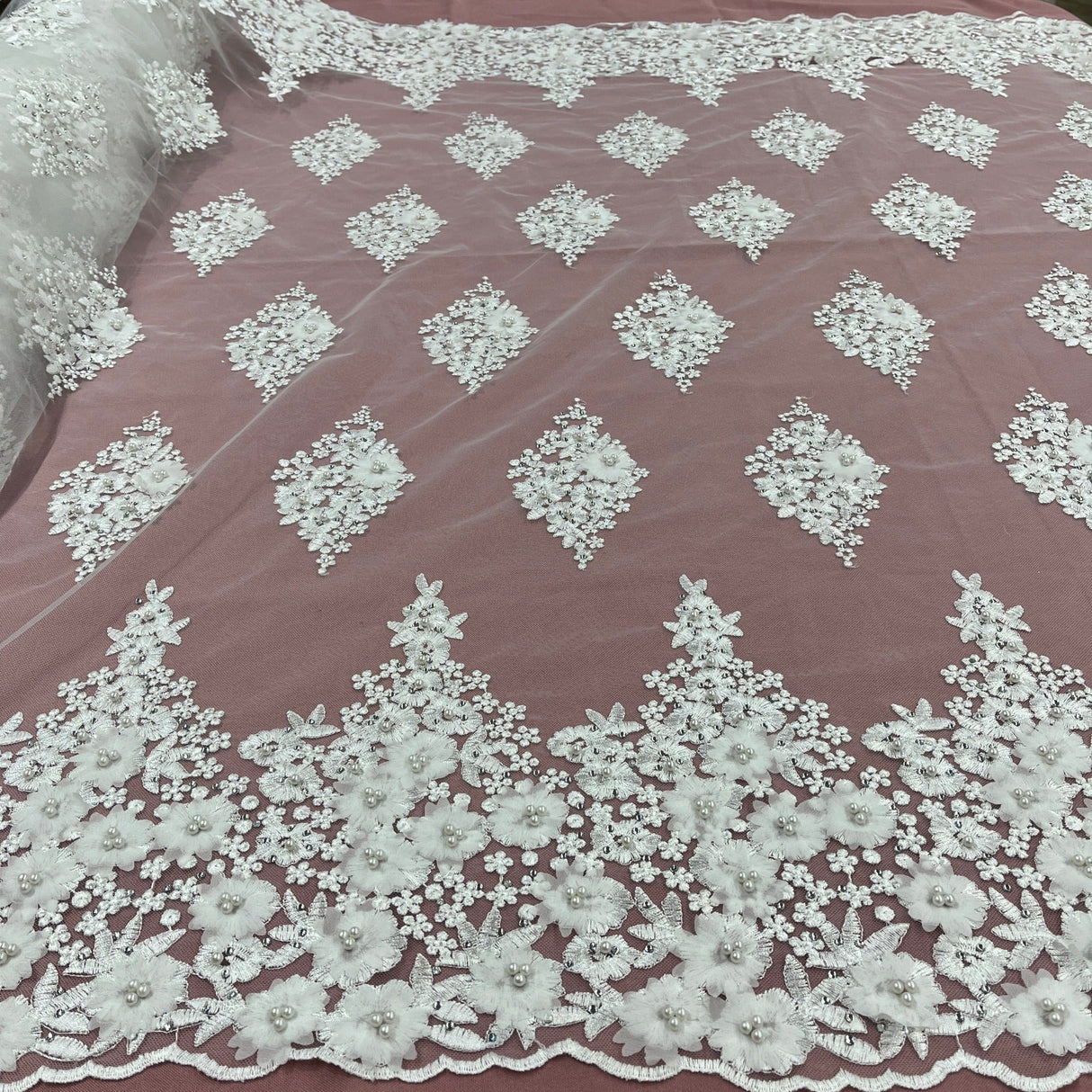 Beaded 3D Floral Lace Fabric