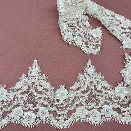 Beaded Corded Floral Lace Trim 7" Wide