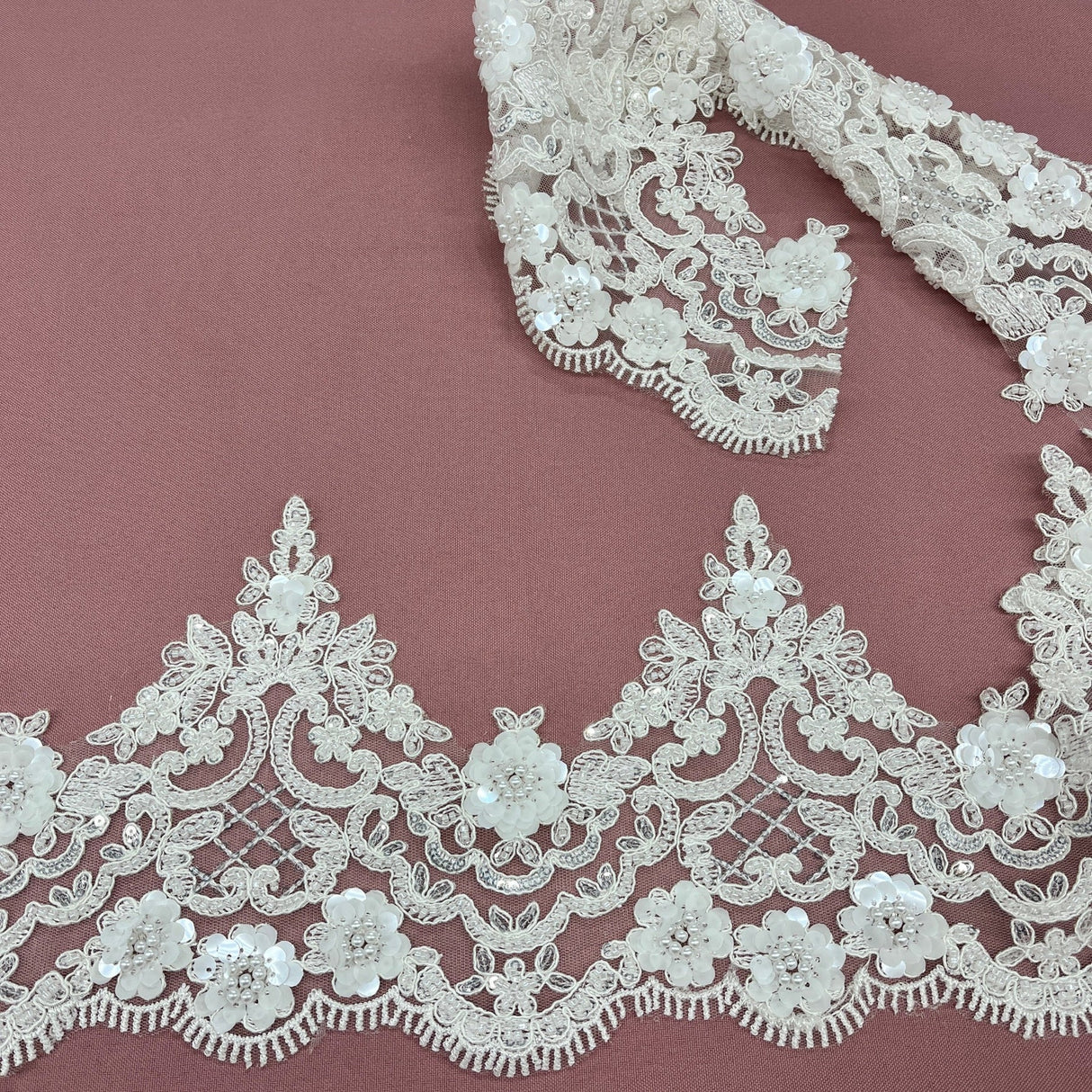 1 Yard Embroidered on 100% Polyester Net Mesh 7" Wide Beaded & Corded Floral Lace Trimming