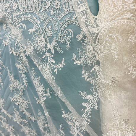 1 Yard Elegant Corded Bridal Lace Fabric Embroidered on 100% Polyester Net Mesh 51 inch Width