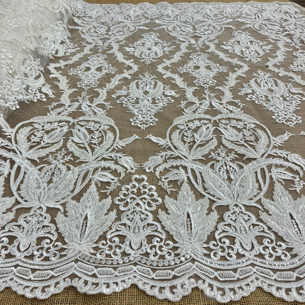 Beaded Corded Bridal Lace Fabric Dark Ivory 54" Wide