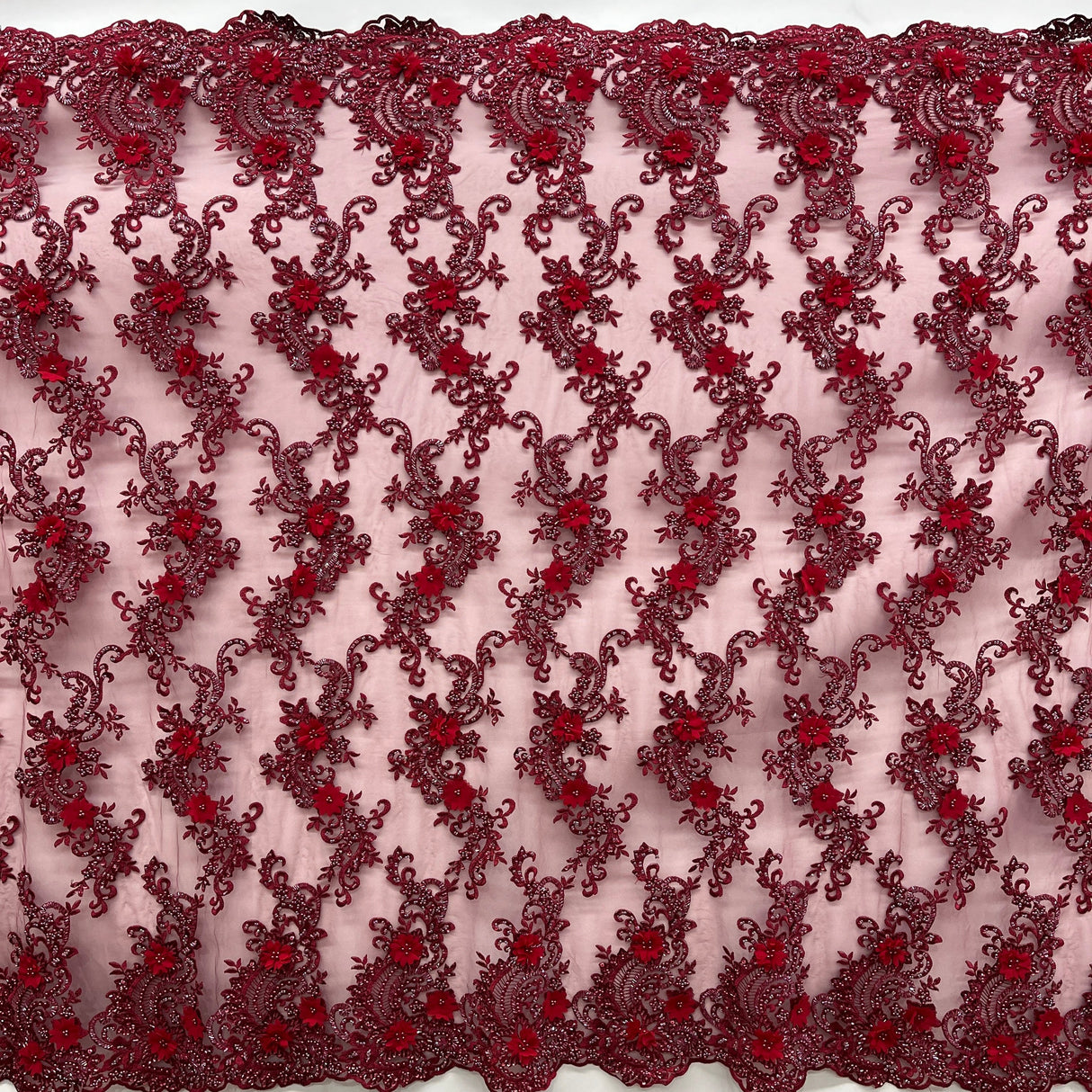Beaded Floral Lace Fabric 3D Embroidered Net Mesh 52" Wide