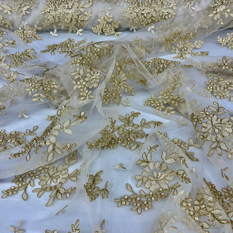 1 Yard - Corded Bridal Lace Fabric Embroidered on 100% Polyester Net Mesh - 53" Wide