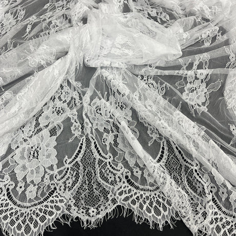 Embroidered Chantilly Lace Fabric with Eyelash Scallop