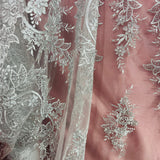 1 Yard Sophisticated Corded Bridal Lace Fabric Embroidered on 100% Polyester Net Mesh White