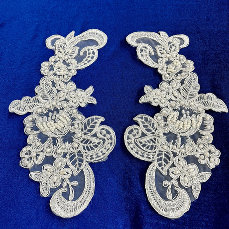 1 Pair 8.5" x 3.5" Each Side Beaded & Corded Floral Lace Applique 100% Polyester Organza